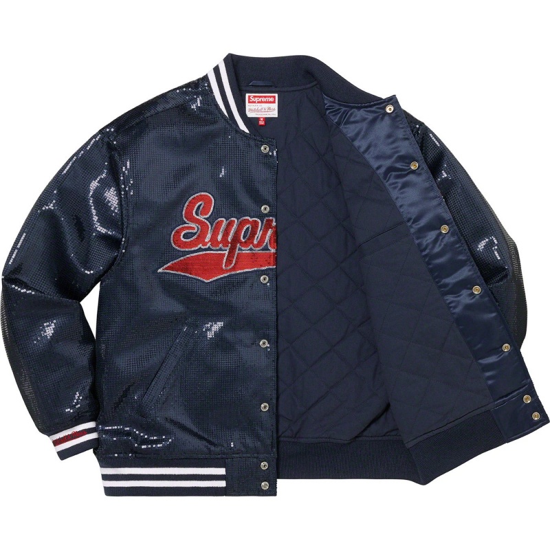 Kurtki Supreme Mitchell & Ness® Sequin Varsity Granatowe | Polska-381265