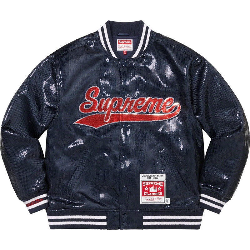 Kurtki Supreme Mitchell & Ness® Sequin Varsity Granatowe | Polska-381265