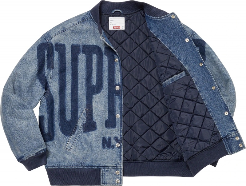 Kurtki Supreme Washed Knockout Denim Varsity Niebieskie | Polska-452701