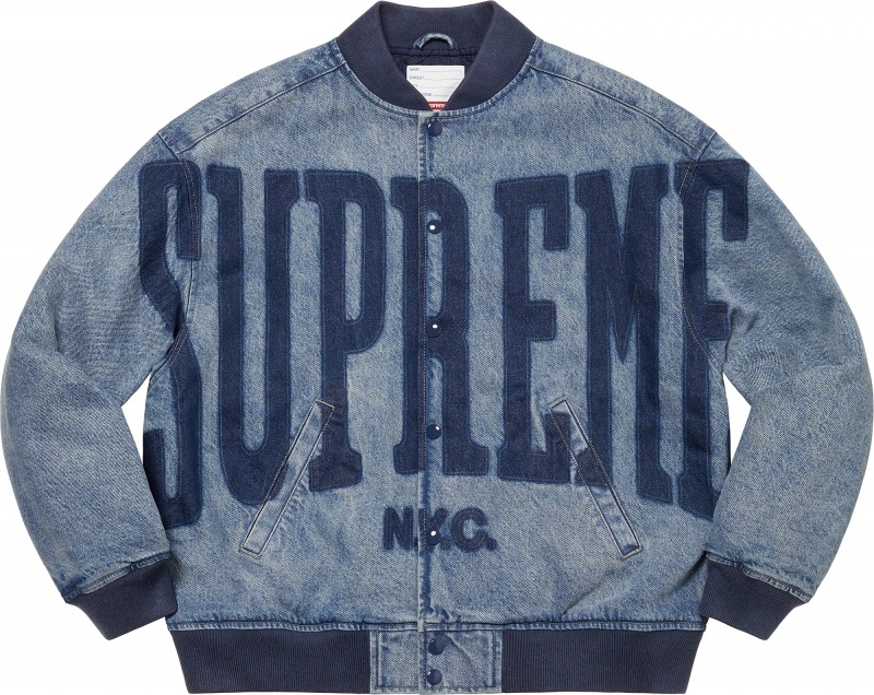 Kurtki Supreme Washed Knockout Denim Varsity Niebieskie | Polska-452701